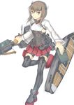  bike_shorts book bow_(weapon) brown_eyes brown_hair crossbow flat_chest headband headgear kantai_collection pleated_skirt purutoppu_(toranohige) short_hair skirt solo taihou_(kantai_collection) thighhighs weapon 