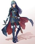  absurdres armor belt blue_eyes blue_hair boots cape copyright_name fingerless_gloves fire_emblem fire_emblem:_kakusei gloves highres long_hair lucina mask mask_removed shadow sheath sheathed solo sword thigh_boots thighhighs tiara weapon yuu-414 