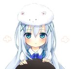  angora_rabbit animal animal_on_head blue_eyes blue_hair bunny gochuumon_wa_usagi_desu_ka? hair_ornament hairclip hat kafuu_chino long_hair on_head rabbit_house_uniform solo tippy_(gochiusa) tosura-ayato x_hair_ornament 