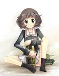  akiyama_yukari brown_eyes brown_hair girls_und_panzer ground_vehicle highres hijack kv-2 military military_uniform military_vehicle model motor_vehicle ooarai_military_uniform polishing school_uniform serafuku short_hair sitting skirt smile solo tank tank_shell uniform 