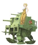  blonde_hair blue_eyes breasts english forklift ground_vehicle highres kuuro_kuro large_breasts m3_lee mecha mechanization medium_tank military military_vehicle motor_vehicle on_mecha original overalls riding science_fiction short_hair tank walker 