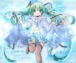  green_eyes green_hair hair_ribbon hatsune_miku long_hair navel open_mouth raincoat ribbon skirt solo soutsuki_naru thighhighs twintails very_long_hair vocaloid 