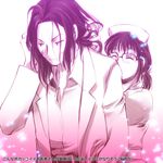  1girl asimov black_hair closed_eyes coppelion couple glasses hat lowres monochrome nomura_taeko nurse nurse_cap playing_with_another's_hair short_ponytail sparkle wakanu 