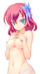  3: blue_panties blush breast_suppress breasts green_eyes hair_ornament hands_clasped hyonsan2 large_breasts navel nipples no_game_no_life own_hands_together panties red_hair short_hair simple_background solo stephanie_dora topless underwear underwear_only white_background 