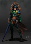  adapted_costume adeptus_astartes blue_eyes blue_hair boots breasts dark_angels dated gauntlets genderswap genderswap_(mtf) heresy highres l_axe medium_breasts midriff navel pauldrons power_armor purity_seal short_hair signature solo sword thigh_boots thighhighs warhammer_40k weapon 