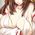  1girl breast_hold breasts brown_hair cleavage huge_breasts kantai_collection kongou_(kantai_collection) tsukasawa_takamatsu 
