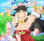  3girls black_eyes black_hair blonde_hair blue_eyes blue_hair blush bracelet broly carrying cirno clenched_teeth crossover daiyousei dragon_ball dragon_ball_z dress earrings green_hair hair_ribbon happy ice ice_wings jewelry long_hair long_sleeves multiple_girls muscle necklace ohoho open_mouth outstretched_arms puffy_short_sleeves puffy_sleeves red_eyes ribbon rumia short_hair short_sleeves shoulder_carry smile spiked_hair spread_arms sweatdrop teeth touhou tree vest wings 
