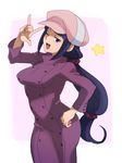  ;d @@@ \m/ bad_id bad_pixiv_id breasts coat freckles gundam gundam_build_fighters hat long_hair long_sleeves low-tied_long_hair medium_breasts mihoshi_(gundam_bf) one_eye_closed open_mouth ponytail purple_eyes purple_hair smile solo star 