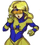  blonde_hair bodysuit booster_gold breasts dc_comics genderswap goggles ian_samson lipstick long_hair makeup solo 