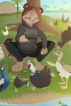  anthro avian barefoot bird breasts chicken clothed clothing crouching duck duo eyes_closed feline female feral fuf fuf_(character) hybrid leopard mammal outside pantherine pants peafowl shirt skyline smile 