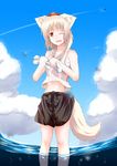  animal_ears bare_shoulders breasts hat highres inubashiri_momiji kunsei_hamu looking_at_viewer medium_breasts midriff multiple_girls navel one_eye_closed open_mouth pom_pom_(clothes) red_eyes sarashi shameimaru_aya shirt short_hair silver_hair skirt smile tail tokin_hat touhou water wolf_ears wolf_tail 