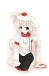  animal_ears bare_shoulders blush breasts collar detached_sleeves hat inubashiri_momiji kunsei_hamu leash looking_at_viewer medium_breasts open_mouth pom_pom_(clothes) red_eyes sarashi shirt short_hair silver_hair sitting skirt smile solo tail tokin_hat touhou white_background wolf_ears wolf_tail 