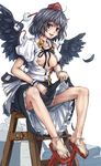  black_hair black_wings breasts breasts_outside chair collared_shirt dress full_body geta hat highres leaf_print looking_at_viewer nipples no_bra open_clothes open_mouth open_shirt shameimaru_aya shirt short_hair simple_background sitting skirt skirt_lift small_breasts smile solo stepladder tengu-geta toes tokin_hat touhou tsurime white_background white_dress wings wristband yellow_eyes yossyzero 