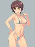  adjusting_clothes adjusting_swimsuit amagi_mizuha areolae bikini blue_bikini blush breasts brown_eyes brown_hair cowboy_shot halterneck hand_on_hip highres jpeg_artifacts looking_at_viewer medium_breasts michairu micro_bikini navel open_mouth shiny shiny_hair shiny_skin short_hair simple_background solo standing strap_lift string_bikini swimsuit vividred_operation 