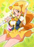  blonde_hair breasts cure_honey earrings happinesscharge_precure! heart jewelry large_breasts long_hair magical_girl oomori_yuuko open_mouth ponytail precure ryuuta_(cure_ryuuta) skirt solo wide_ponytail yellow_eyes yellow_skirt 