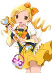  blonde_hair bow bowtie brooch brown_eyes color_connection cosplay cure_honey cure_honey_(cosplay) drill_hair earrings frills hair_bow happinesscharge_precure! jewelry kemoribon long_hair magical_girl mahou_shoujo_madoka_magica precure skirt smile solo tomoe_mami twin_drills twintails wand white_background wrist_cuffs yellow_skirt 