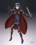  armor armored_boots artist_name blue_eyes blue_hair boots breastplate cape falchion_(fire_emblem) fire_emblem fire_emblem:_kakusei full_body garter_straps gloves gradient gradient_background greaves hybridmink long_hair lucina open_mouth reverse_grip solo tiara weapon 