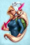  adventure_time backpack bag blonde_hair blue_eyes cake_(adventure_time) fionna_the_human_girl hood long_hair realistic smile sword weapon 