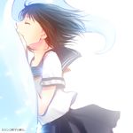  black_hair blue_skirt chimera_(coppelion) closed_eyes coppelion couple creature floating_hair leaning_on_person lowres out_of_frame pleated_skirt sailor_collar school_uniform serafuku short_sleeves skirt smile sparkle translated tsuburaya_mana wakanu 
