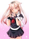  bad_id bad_pixiv_id bangs blonde_hair bow fang fang_out hair_bow hair_flaps hair_ornament hair_ribbon hairclip highres jewelry kantai_collection kuro-hero long_hair looking_at_viewer red_eyes remodel_(kantai_collection) ribbon ring school_uniform serafuku short_sleeves skirt solo wedding_ring yuudachi_(kantai_collection) 