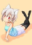  alternate_hairstyle animal_ears bare_shoulders black_legwear blue_shirt blush breasts collarbone contemporary elu_butyo hair_ornament highres inubashiri_momiji looking_at_viewer medium_breasts no_tail ponytail red_eyes shirt short_hair silver_hair skirt solo thighhighs touhou wolf_ears 