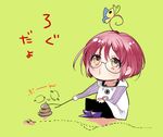  ahoge androgynous aoi_sakurako bug butterfly chibi expressionless eyelashes fly full_body glasses gowther green_background insect looking_up male_focus motion_lines nanatsu_no_taizai outstretched_arm pink_hair simple_background sitting sketch solo stick translated yellow_eyes 