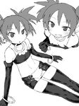  bangle blush bracelet choker demon_girl disgaea downblouse earrings elbow_gloves etna flat_chest gloves greyscale grin jewelry midriff miniskirt monochrome naughty_face navel nipples pointy_ears short_twintails skirt slit_pupils smile solo thighhighs top_pull tsukudani_(coke-buta) twintails 