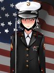  alternate_costume alternate_hairstyle america american_flag arms_at_sides badge error flag_background frown glint hat izayoi_sakuya looking_at_viewer marine_corps medal military military_hat military_uniform piitan2_mokotan red_eyes short_hair silver_hair solo sword touhou uniform weapon 