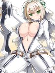  aestus_estus ahoge areola_slip areolae belt blonde_hair breasts center_opening covered_nipples fate/extra fate/extra_ccc fate_(series) green_eyes huge_breasts long_hair navel nero_claudius_(bride)_(fate) nero_claudius_(fate)_(all) short_hair simple_background solo sword thighs tsukioka_kirio unzipped veil weapon white white_background 