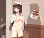  2girls admiral_(kantai_collection) black_eyes black_hair black_legwear blood blush breasts covering_face female_admiral_(kantai_collection) hairband haruna_(kantai_collection) hat headgear hsuliherng kantai_collection large_breasts long_hair midriff multiple_girls navel nipples nosebleed open_clothes open_shirt shirt thighhighs white_background 