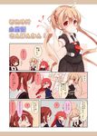  &gt;_&lt; 3girls ? april_fools black_serafuku black_skirt closed_eyes comic crescent crescent_hair_ornament hair_ornament hairband kantai_collection looking_at_viewer maiku multiple_girls murasame_(kantai_collection) neckerchief open_mouth palms red_hairband red_neckwear school_uniform serafuku shiratsuyu_(kantai_collection) short_sleeves skirt sleeve_cuffs smile spoken_question_mark standing translated twintails uzuki_(kantai_collection) waving 