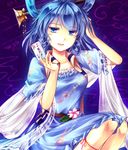  belt blue_dress blue_eyes blue_hair collarbone dress flower hair_ornament hair_rings hair_stick hand_in_hair kaku_seiga kutsuki_kai looking_at_viewer open_clothes open_mouth open_vest shawl sitting smile solo touhou vest 
