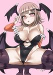  animal_print asanagi bad_id bad_twitter_id bare_shoulders bat_print bat_wings blush breasts bridal_gauntlets brown_hair cleavage cosplay danganronpa hair_ornament hairclip head_wings jpeg_artifacts large_breasts leotard morrigan_aensland morrigan_aensland_(cosplay) nanami_chiaki open_mouth pink_eyes print_legwear short_hair solo spread_legs squatting super_danganronpa_2 thighhighs v vampire_(game) wings 