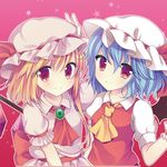  ascot bat_wings blonde_hair blue_hair blush cosplay costume_switch flandre_scarlet flandre_scarlet_(cosplay) hat long_hair looking_at_viewer multiple_girls red_background red_eyes remilia_scarlet remilia_scarlet_(cosplay) short_hair siblings side_ponytail sisters smile star starry_background swami touhou wings 
