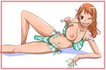  1girl areolae bare_shoulders bikini breasts brown_eyes highres jagi_(nexboy) large_breasts legs long_hair looking_at_viewer masturbation money nami nami_(one_piece) navel nipples object_insertion one_piece open_mouth orange_hair prostitution simple_background smile solo swimsuit tattoo thighs vaginal vaginal_object_insertion vibrator vibrator_under_swimsuit white_background wink 