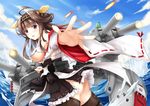  ahoge ass bare_shoulders boots breasts brown_hair cloud d: day detached_sleeves double_bun ello firing hair_ornament hairband hands japanese_clothes kantai_collection kongou_(kantai_collection) long_hair looking_at_viewer medium_breasts nontraditional_miko open_mouth outstretched_hand palms purple_eyes sideboob skirt sky solo thigh_boots thighhighs torn_clothes torn_skirt 