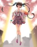  backpack bag bandaid bandaid_on_knee black_hair flying foreshortening full_body hachikuji_mayoi koflif long_hair looking_at_viewer monogatari_(series) onimonogatari outstretched_arm reaching_out red_eyes tears twintails 