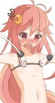  1girl armpits bare_shoulders blush bust crescent female flat_chest hair_ornament kantai_collection lactation long_hair looking_down milking_machine navel nipples nude open_mouth outstretched_arms red_eyes red_hair sabuid0721 saliva simple_background solo tears tongue tongue_out upper_body uzuki_(kantai_collection) white_background 