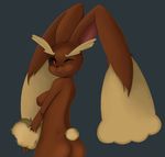  1girl animal_ears back_turned black_sclera blush breasts bunny_ears butt female furry lagomorph looking_back lopunny mammal maniacbox nintendo nipples one_eye_closed open_mouth outside pok&#233;mon pok&#233;morph pokemon rabbit short_tail side_boob solo standing video_games 