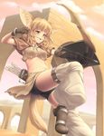  animal_ears arrow belt blonde_hair bow_(weapon) bracelet braid breasts elbow_gloves gloves highres jewelry medium_breasts midriff navel original quiver sasaame short_hair solo tail twin_braids underboob weapon yellow_eyes 