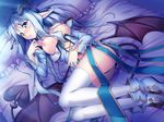 :o bed blue_eyes blue_hair blush breasts breasts_outside demon_tail demon_wings erect! game_cg horns long_hair lunastia_asteel lying medium_breasts nipples on_bed open_mouth piromizu pointy_ears solo tail thighhighs white_legwear wings 