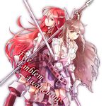  armor back-to-back boots brown_eyes brown_hair copyright_name drill_hair fire_emblem fire_emblem:_kakusei garter_straps gauntlets hachimaru_(ediciusa) hair_ornament highres lance long_hair multiple_girls pegasus_knight polearm red_eyes red_hair smile sumia thigh_boots thighhighs tiamo very_long_hair weapon 