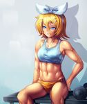 abs blue_eyes breasts dumbbell hair_ornament hair_ribbon hairclip kagamine_rin md5_mismatch muscle muscular_female ribbon short_shorts shorts sitting small_breasts smile solo sports_bra sweat tan vocaloid yilx 