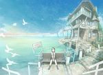  :o bag bench bird black_eyes black_hair brown_hair cloud drink house long_hair md5_mismatch nabana ocean original railing ruins scenery sitting sky solo stairs water_wheel 