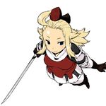  ahoge armor blonde_hair blue_eyes boots bow bravely_default:_flying_fairy bravely_default_(series) edea_lee elbow_gloves faulds gloves hair_bow long_hair pantyhose smile solo sword thigh_boots thighhighs tsukudani_(coke-buta) weapon 