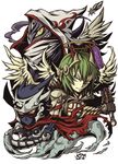  armor feather feathers green_eyes green_hair hades_(p&amp;d) halo hanzo_(p&amp;d) hood horns lucifer_(p&amp;d) mask ninja puzzle_&amp;_dragons red_eyes sword weapon wings yellow_eyes 
