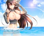  :o bare_shoulders black_hair breasts cloud day elbow_gloves fingerless_gloves gloves hairband headgear highres kantai_collection kaya_(kaya_127) large_breasts lens_flare long_hair miniskirt nagato_(kantai_collection) navel nipples no_panties one_eye_closed partially_submerged perky_breasts puffy_nipples red_eyes shiny shiny_skin skirt sky solo sun thighhighs wince 