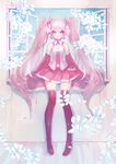  boots detached_sleeves flower hair_flower hair_ornament hatsune_miku highres long_hair necktie pink_eyes pink_footwear pink_hair pump_(pumpqmuq) sakura_miku skirt solo thigh_boots thighhighs twintails very_long_hair vocaloid window 