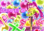  aino_megumi alternate_form bow bubble colorful cure_lovely earrings full_body hair_bow hand_on_hip happinesscharge_precure! highres hood hoodie jewelry lollipop_hip_hop long_hair magical_girl mismatched_footwear multicolored multicolored_background musical_note nukosann pink_eyes pink_hair precure skirt smile solo standing star star_earrings thighhighs twintails v wrist_cuffs yellow_skirt 