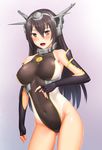  adapted_costume alternate_costume black_hair blush breasts competition_swimsuit covered_navel elbow_gloves fingerless_gloves gloves h_kasei headgear highleg highleg_swimsuit kantai_collection large_breasts long_hair looking_at_viewer nagato_(kantai_collection) one-piece_swimsuit open_mouth red_eyes skin_tight solo swimsuit 